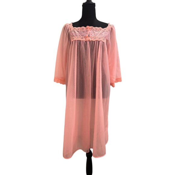 VINTAGE 1950s 60s PINK CORAL CHIFFON SHEER ROBE Size Med - Picture 1 of 4